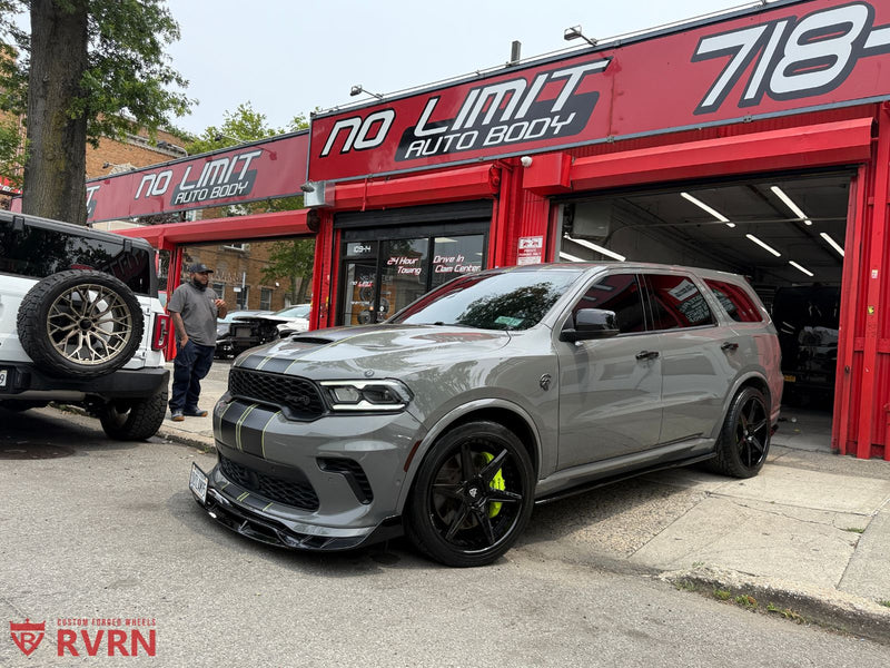 2021 Dodge Durango SRT Hellcat on RVRN Forged RV-DC19 parked outside No Limit Auto Body with custom wheels.