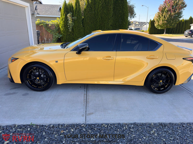 2025 Lexus IS500 Performance Premium on RVRN Forged RV-DC24 showcasing RVRN Wheels in a vibrant yellow finish.