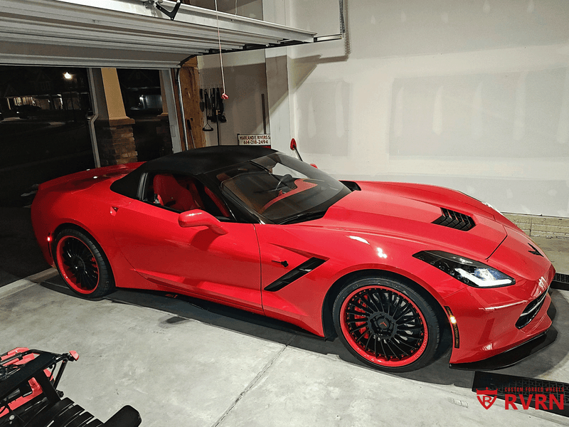 2017 Corvette C7 Z51 3LT on RVRN Custom Wheels RV-DN01 in a garage with red accents and custom forged wheels
