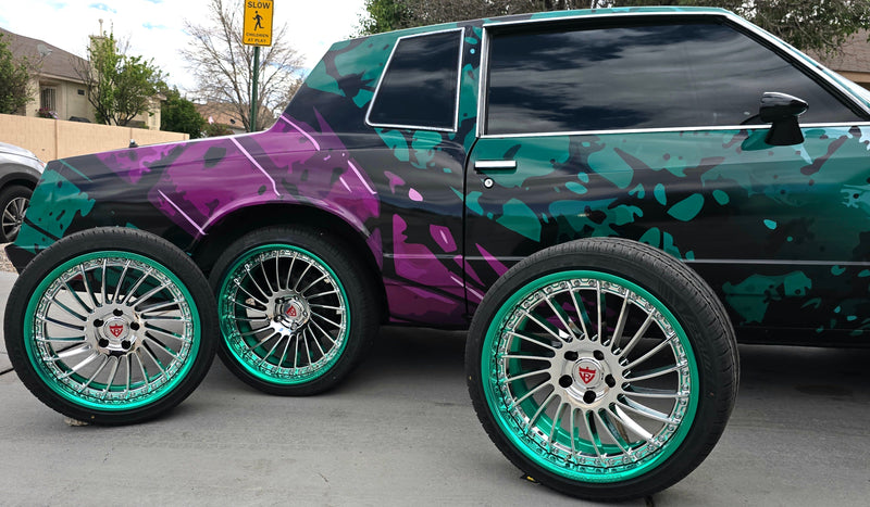 1985 Chevrolet Monte Carlo SS on Custom Chrome & Green Deep Dish Wheels RV-DN01 showcasing vibrant green barrel accents.