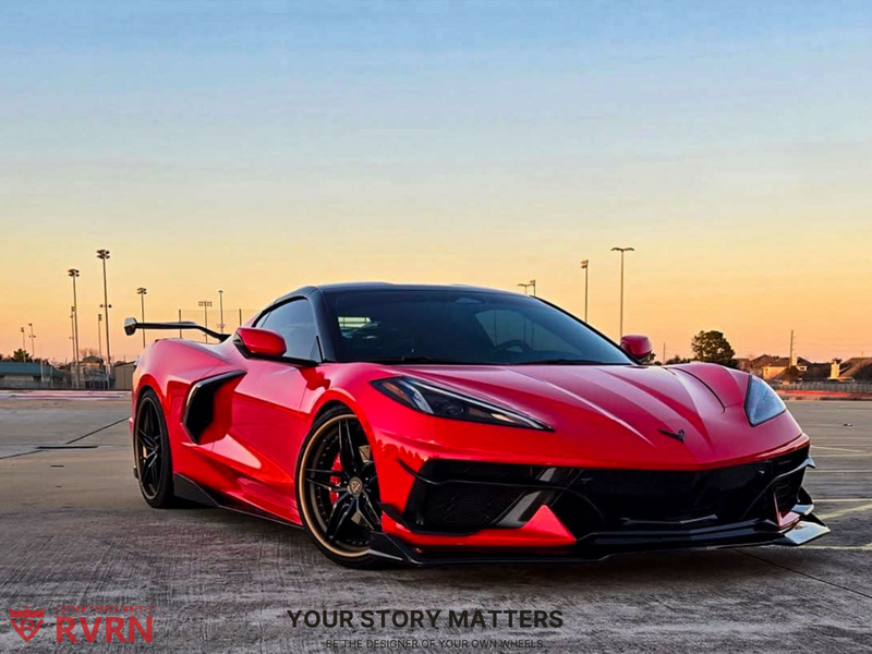 2025 Corvette C8 Stingray on RVRN Forged 5 Spoke Wheels RV-DP03 with sunset background and sleek design.