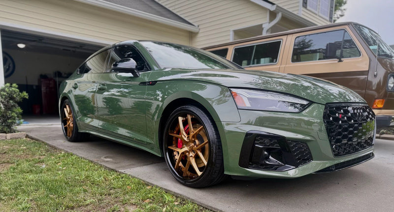 2024 Audi S5 on RVRN Custom Wheels RV-DR08 parked in driveway showcasing custom gold wheels.