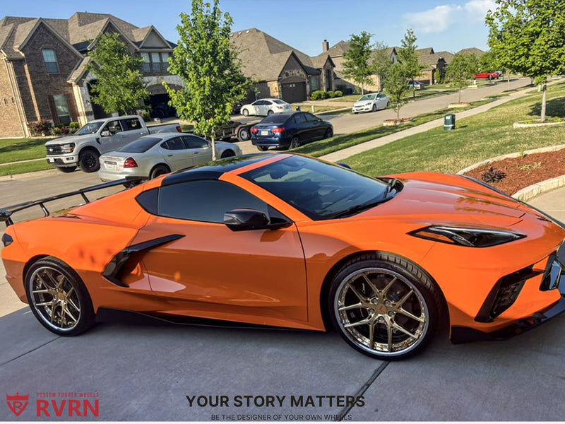 2024 Corvette C8 Stingray on RVRN Wheels RV-DR08 parked in driveway with custom forged wheels.