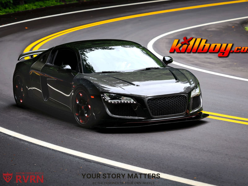 2008 Audi R8 on RVRN Custom Forged Wheels RV-DS016 driving on winding road.