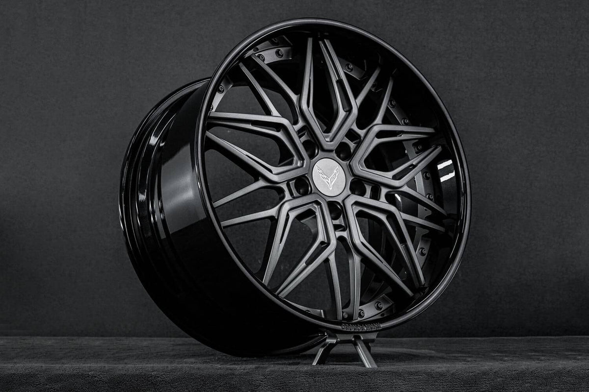 2024 Corvette C8 Z51 custom 2-piece forged wheels, RVRN RV-T081, Matte Gunmetal and Color-Matched Carbon Flash Metallic
