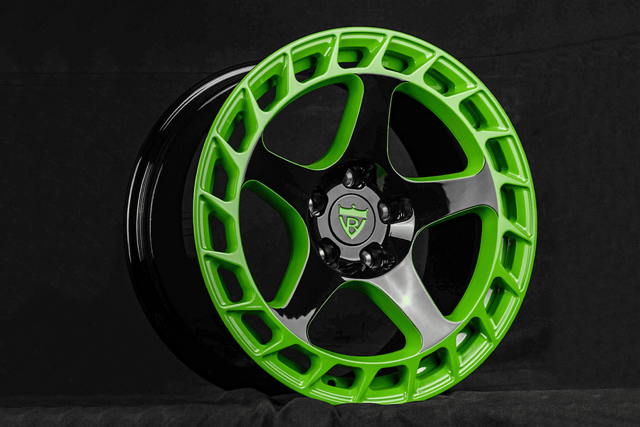 RV-MV122 forged wheel for a 2021 Camaro with neon green spokes and a gloss black barrel, studio view