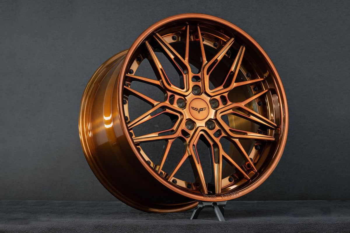 2008 Corvette C6 custom 2-piece forged wheels, RVRN RV-T081, Polished Bronze and Black, 19x10 +57MM / 21x12 +52MM