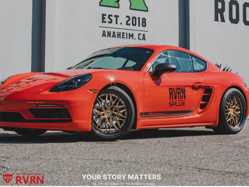 2021 Porsche Cayman T with 20-Inch Staggered Carbon Fiber Wheels RV-T081 in vibrant orange with custom wheels