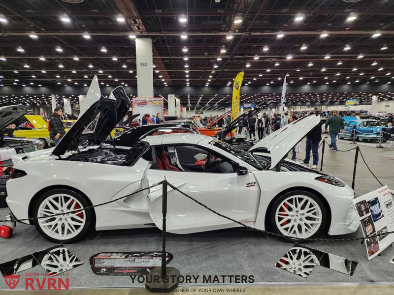 2023 Corvette C8 Z51 on RVRN Custom Forged White Wheels RV-MC01 at a vehicle gallery.