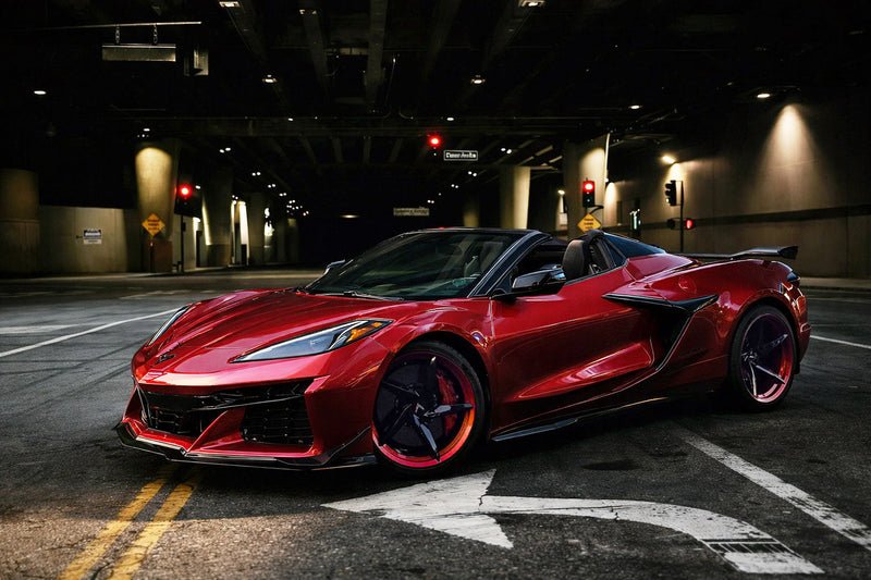 2025 Corvette C8 Z06 with aftermarket wheels – custom 5-spoke super concave forged wheels 20x10 21x13 Red Mist color matched rims by RVRN