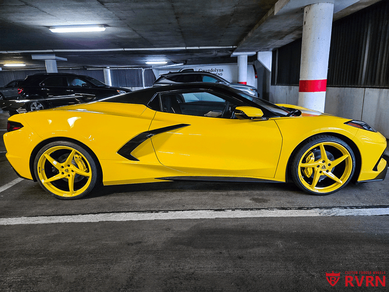 2026 Corvette C8 Stingray Base on RVRN Forged RV-MC35 in striking yellow color with custom wheels.