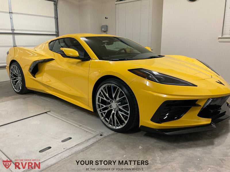 2026 Corvette C8 LT1 Coupe on RVRN Forged RV-MC65 Wheels in yellow parked in garage.