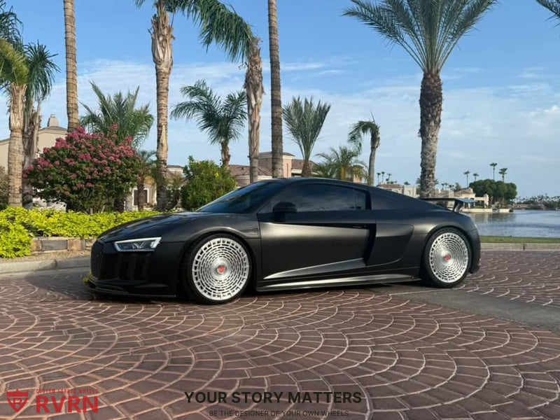 2017 Audi R8 Base on RVRN Custom Forged Wheels RV-MD02 parked by the water with palm trees in the background.