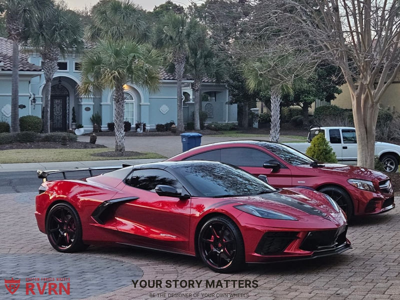2025 Corvette C8 Stingray on custom red and black RVRN forged wheels with flush fitment