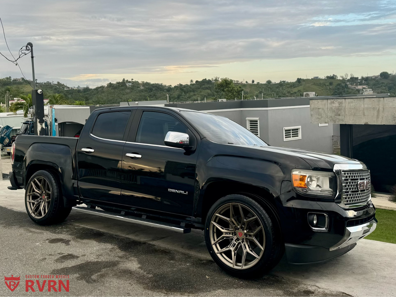 2018 GMC Canyon Denali on RVRN Forged RV-MR616 parked in a scenic view showcasing RVRN Custom Forged Wheels.