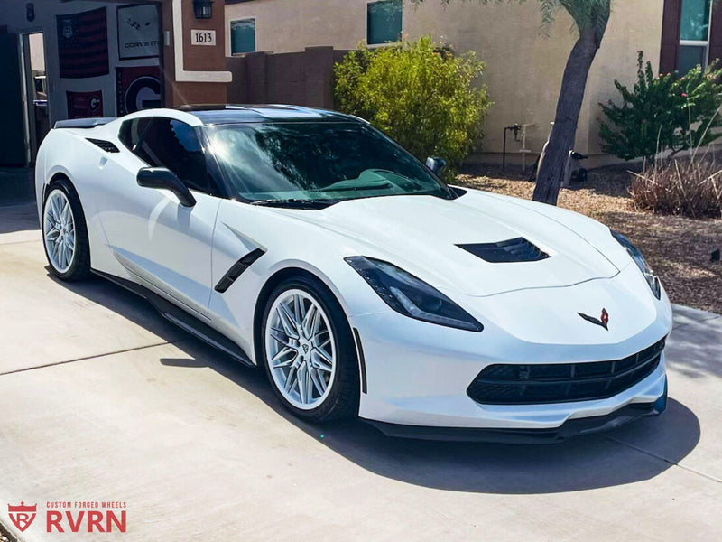 White 2016 Corvette C7 Stingray on RV-MS808 custom forged performance wheels, white and black rims, 19×8.5 front and 20×10 rear.