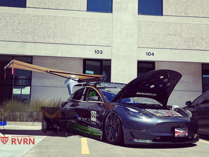2018 Tesla Model 3 on RVRN Forged RV-MS808 showcased at a vehicle gallery with custom forged wheels.