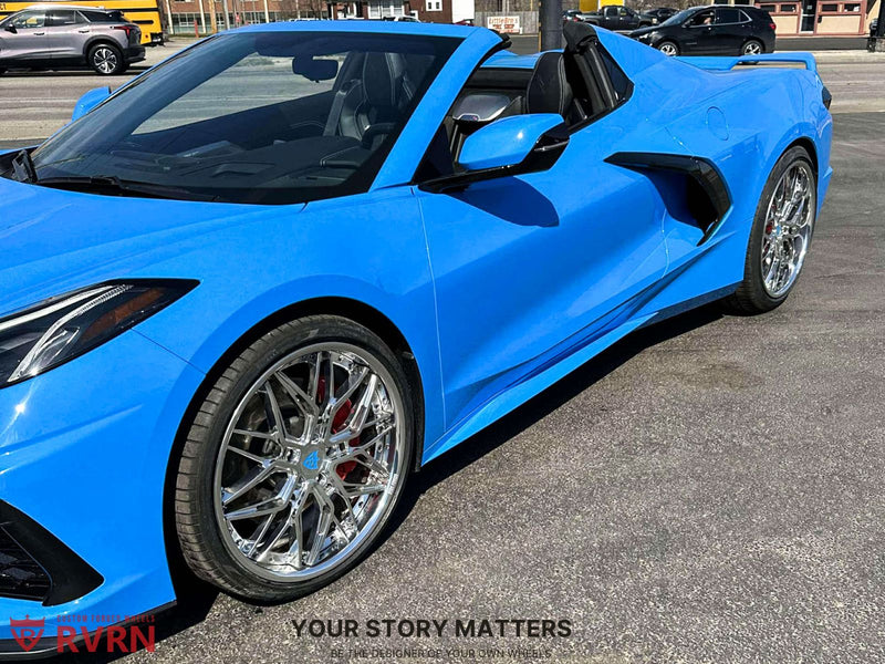 2022 Corvette C8 Z51 on RVRN Custom Forged Wheels RV-T081 showcasing RVRN Wheels in vibrant blue exterior.