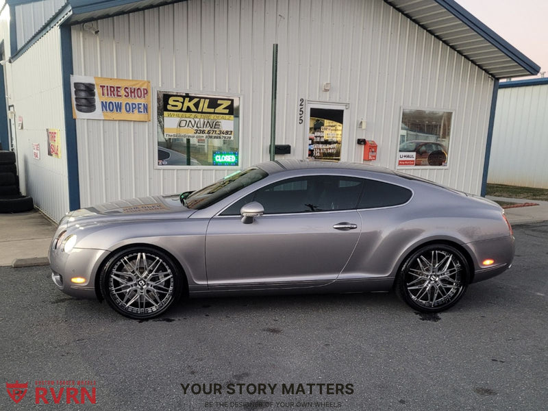 2006 Bentley Continental GT on RVRN Custom Forged Wheels RV-T081 parked outside a tire shop.