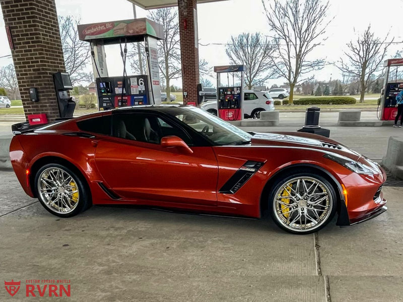 2015 Corvette C7 Z06/Z07 Package on deep dish chrome RVRN Forged wheels. Staggered 20×10 front and 20×12 rear for maximum traction, performance, and show-quality appearance.