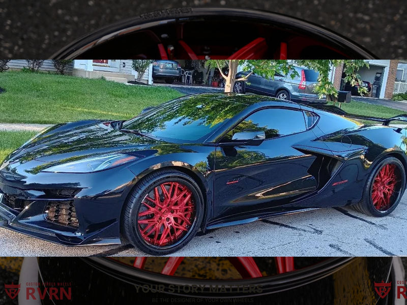 2024 Corvette C8 Z06 on RVRN Custom Red & Black RV-T081 with RVRN Custom Forged Wheels in a vehicle gallery setting.