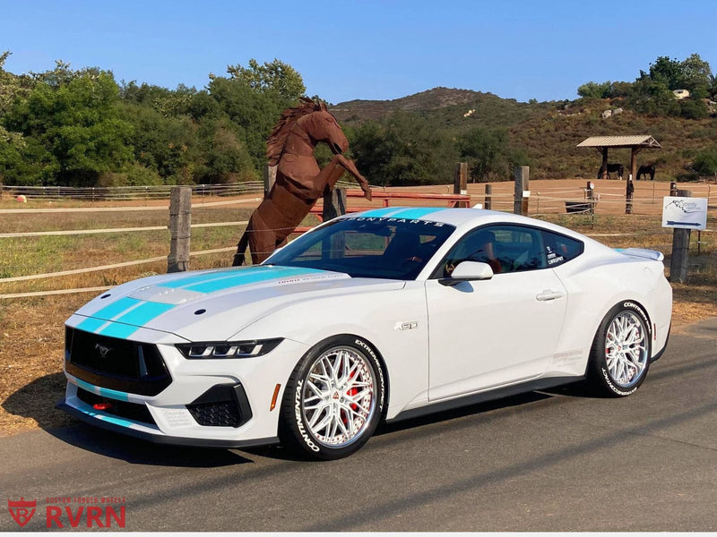 Front angle of 2024 Ford Mustang GT on RVRN RV-T081 deep dish forged wheels, White spokes with Polished Aluminum lips
