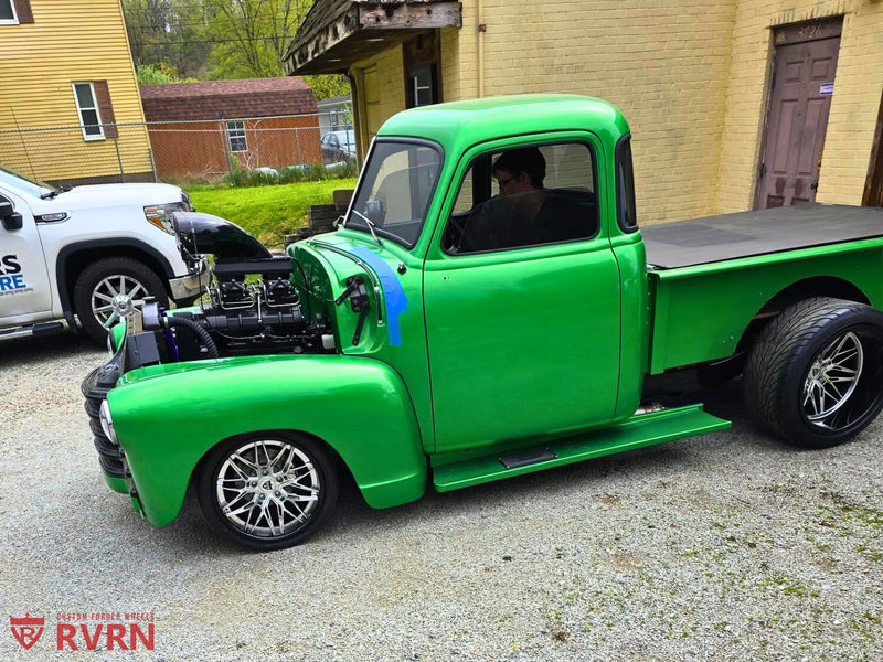 1951 Chevy Truck on RVRN Forged RV-T081 featuring custom RVRN Wheels in a vibrant green color.