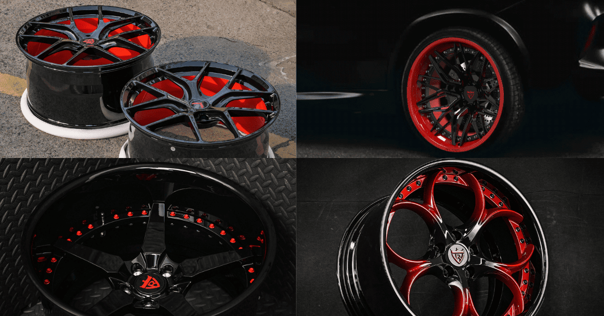 Red and black wheels for any vehicle, RVRN custom forged rims in monoblock, 2-piece, 3-piece wheels series
