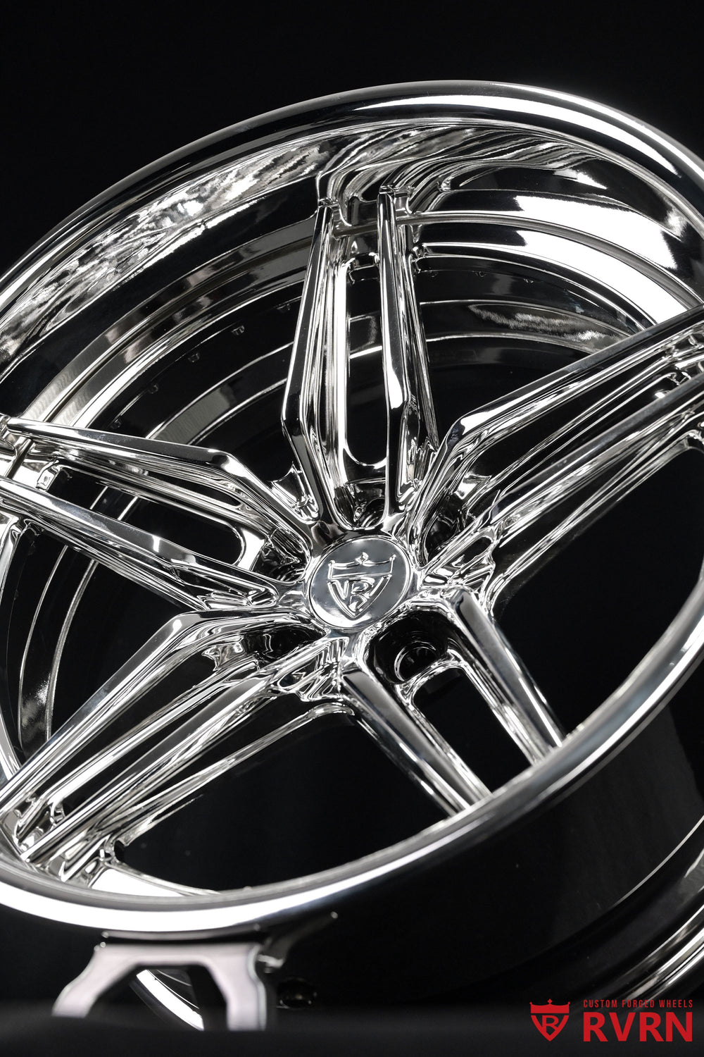 RVRN RV-DP03 two-piece forged chrome wheel for a 1958 Ford Fairlane project, angled overhead view showing the 5-spoke face and deep lip; 19x9 -13.5MM front, 20x10 -58MM rear.