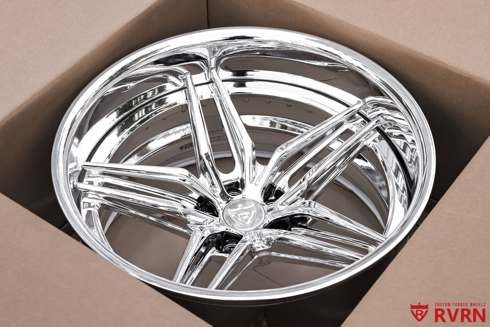 RVRN RV-DP03 two-piece forged chrome 5-spoke wheel face and deep-dish profile for a 1958 Ford Fairlane project; 19x9 -13.5MM front, 20x10 -58MM rear.