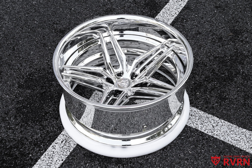 RVRN RV-DP03 two-piece forged chrome 5-spoke wheel with deep barrel on a dark patterned studio floor for a 1958 Ford Fairlane project; 19x9 -13.5MM front, 20x10 -58MM rear.