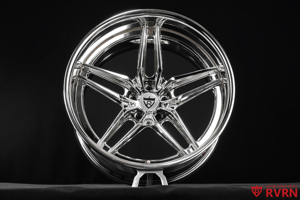 Front view of the RVRN RV-DP03 two-piece forged chrome 5-spoke wheel face and polished lip for a 1958 Ford Fairlane project; 19x9 -13.5MM front, 20x10 -58MM rear.