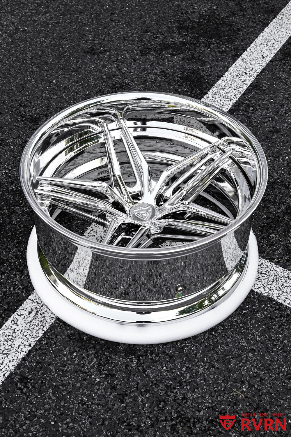 RVRN RV-DP03 two-piece forged chrome 5-spoke deep-dish wheel displayed at an angle on a patterned studio floor for a 1958 Ford Fairlane project; 19x9 -13.5MM front, 20x10 -58MM rear.
