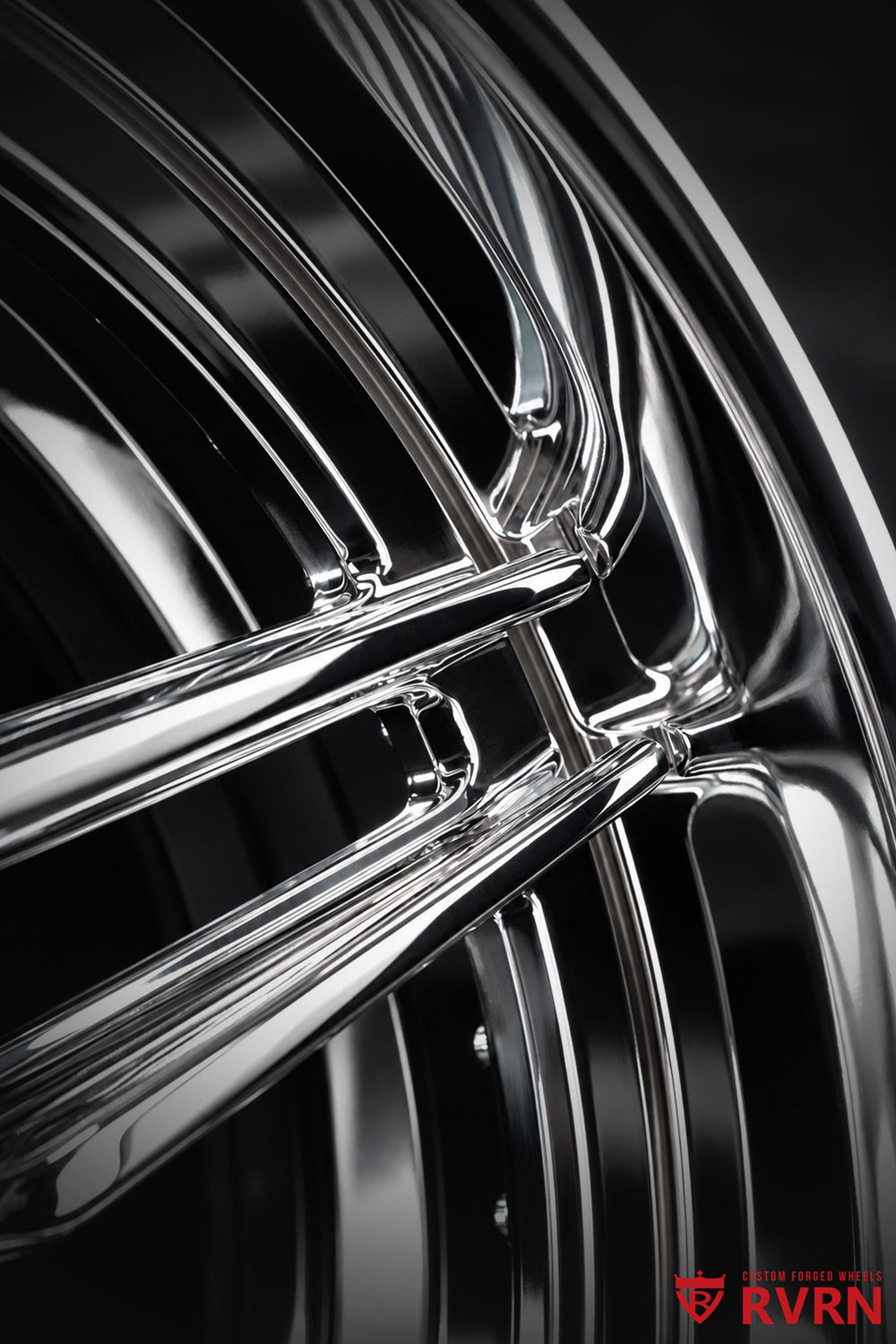 Close-up of the hub and intersecting spokes on the RVRN RV-DP03 two-piece forged chrome wheel for a 1958 Ford Fairlane project; 19x9 -13.5MM front, 20x10 -58MM rear.
