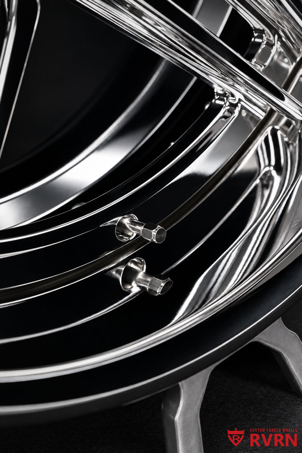 Close-up of the chrome finish on the RVRN RV-DP03 two-piece forged 5-spoke wheel and inner barrel for a 1958 Ford Fairlane project; 19x9 -13.5MM front, 20x10 -58MM rear.