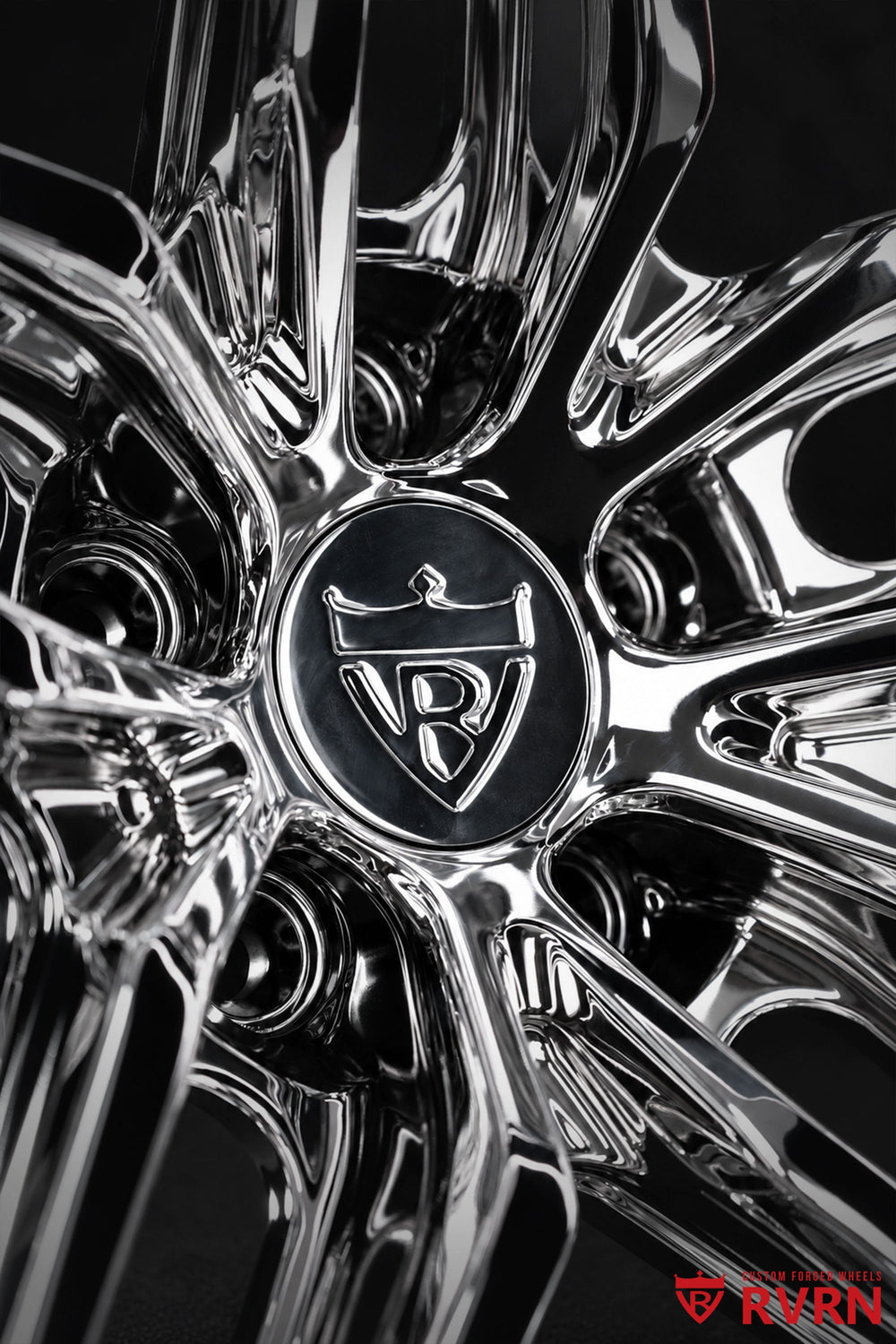 Close-up of the center cap and 5-spoke pattern on the RVRN RV-DP03 two-piece forged chrome wheel for a 1958 Ford Fairlane project; 19x9 -13.5MM front, 20x10 -58MM rear.