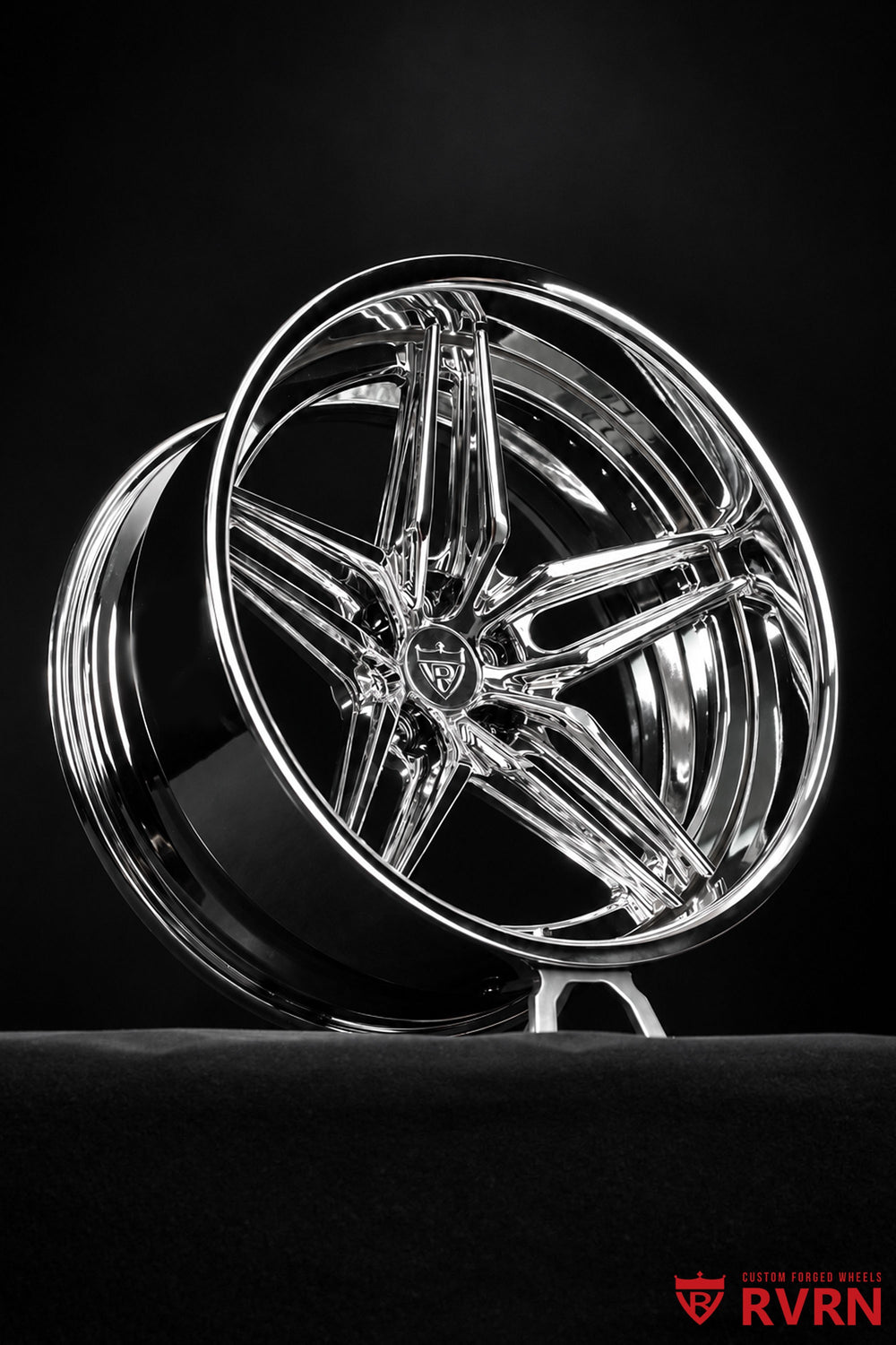 RVRN RV-DP03 two-piece forged chrome 5-spoke wheel from a slight front angle for a 1958 Ford Fairlane project; 19x9 -13.5MM front, 20x10 -58MM rear.