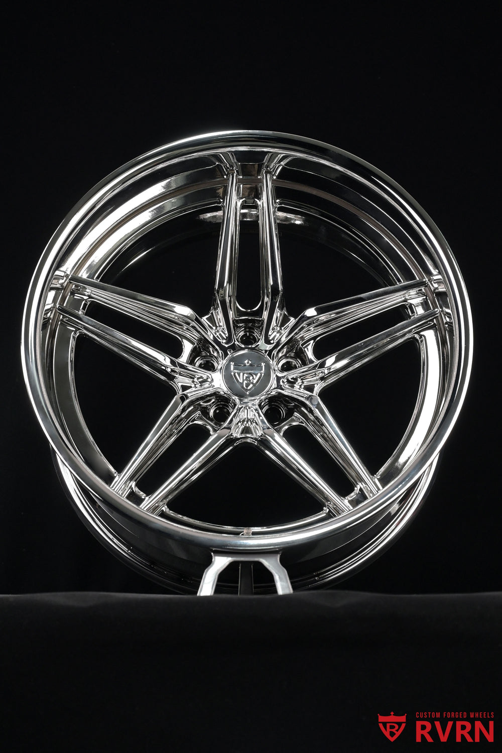 Straight-on front view of the RVRN RV-DP03 two-piece forged chrome 5-spoke wheel for a 1958 Ford Fairlane project; 19x9 -13.5MM front, 20x10 -58MM rear.