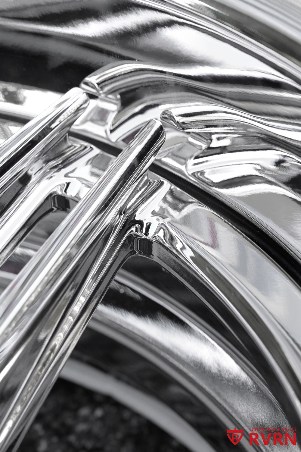 Detail view of the chrome spoke-to-barrel junction on the RVRN RV-DP03 two-piece forged wheel for a 1958 Ford Fairlane project; 19x9 -13.5MM front, 20x10 -58MM rear.