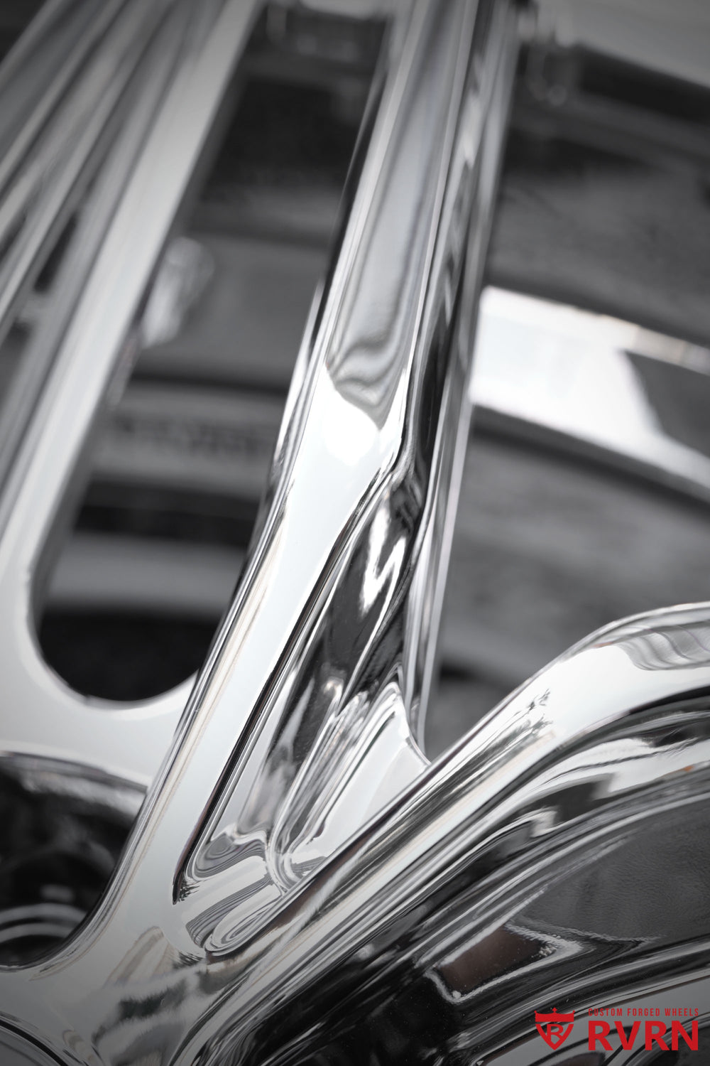 Close-up of the polished chrome spoke and inner barrel on the RVRN RV-DP03 two-piece forged 5-spoke wheel for a 1958 Ford Fairlane project; 19x9 -13.5MM front, 20x10 -58MM rear.