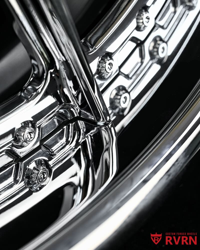 Close-up of RV-DC05 deep dish chrome wheel on 1958 Chevy Apache