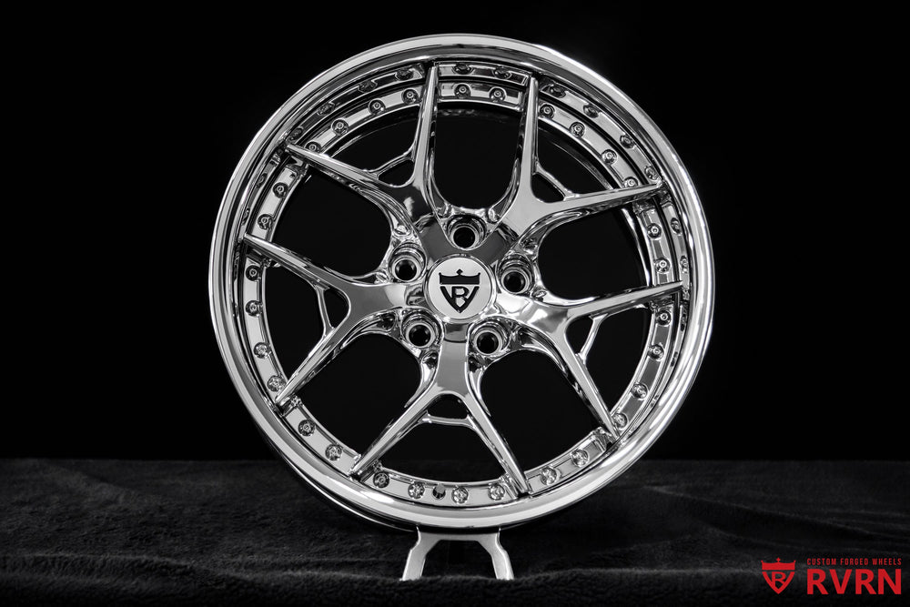 Close-up of RVRN RV-DR08D Corvette C4 Y-spoke wheels in an all-chrome finish with 18x8 +0MM front and 18x9 +13MM rear fitment