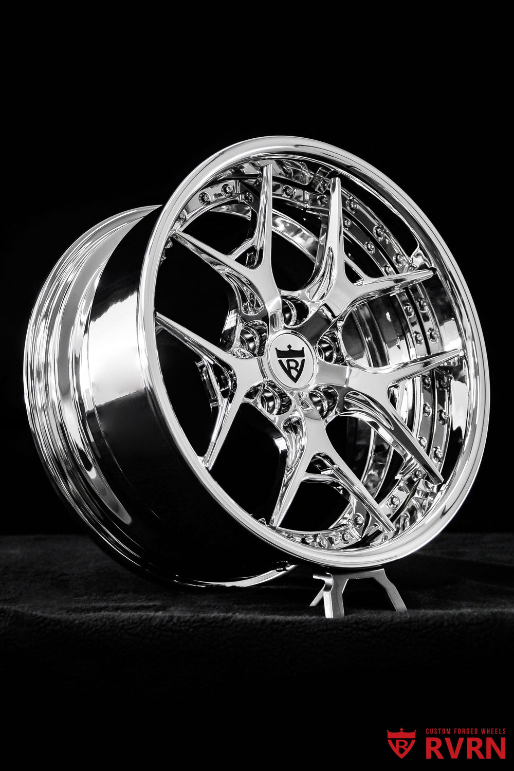 RVRN RV-DR08D deep dish wheels for Corvette C4 with sharp Y-spokes, all chrome finish and custom 18x8 front, 18x9 rear sizing