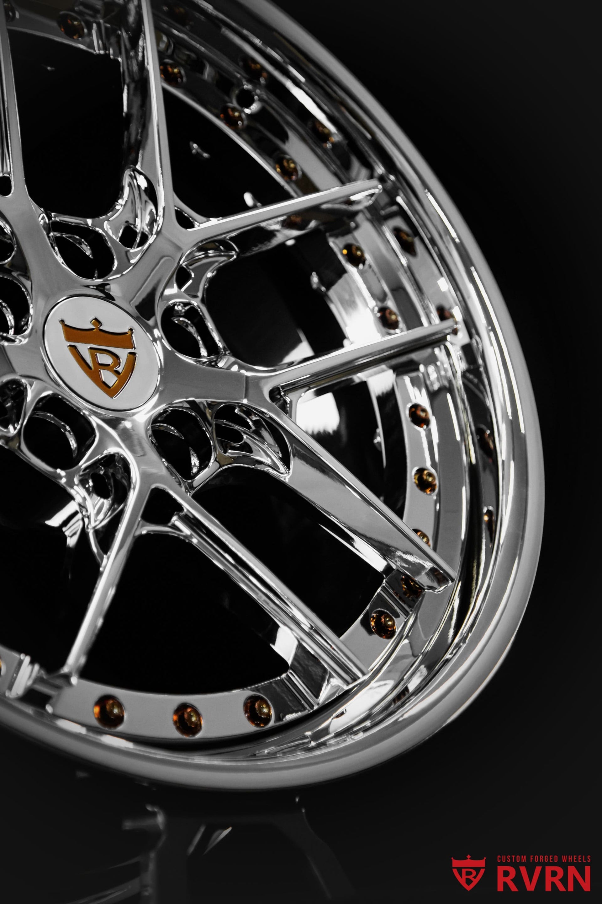 Detailed view of the RV-DR08D Y spoke custom Camaro wheels featuring an all chrome forged finish and custom-built specifications.
