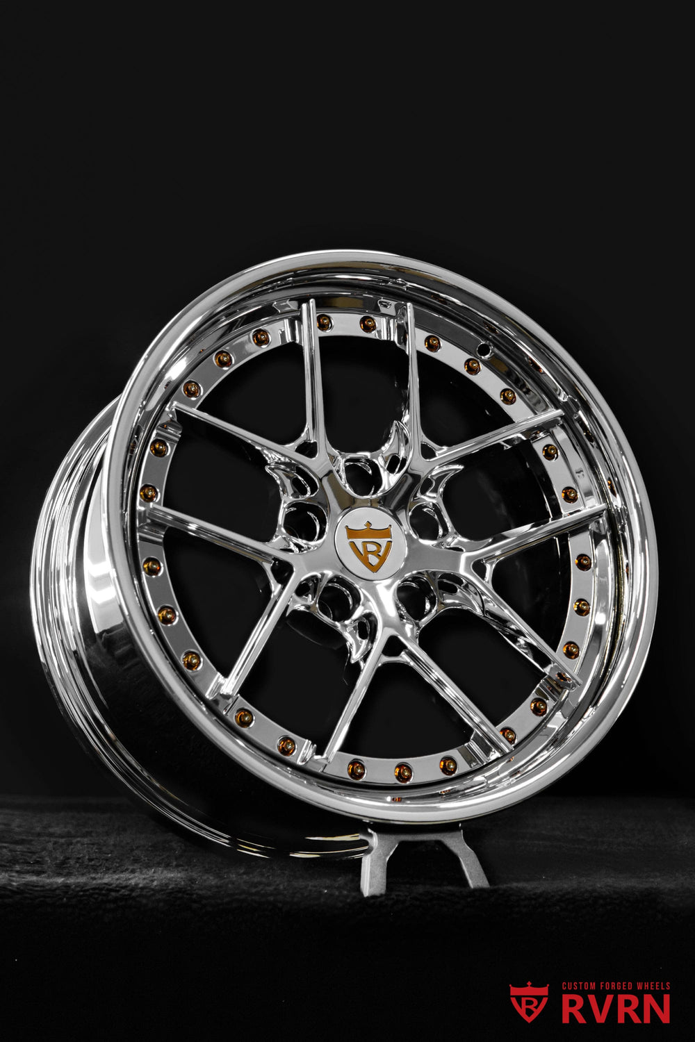 Rear RVRN RV-DR08D custom Camaro forged wheel in polished chrome finish, 18x9.5 +0.7mm, designed specifically for a 1967 Camaro.
