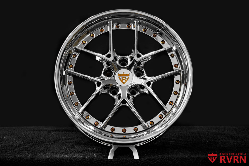 Close-up of the front RV-DR08D Y spoke Camaro chrome wheel, forged aluminum construction, 18x8 -5.7mm with custom fitment.