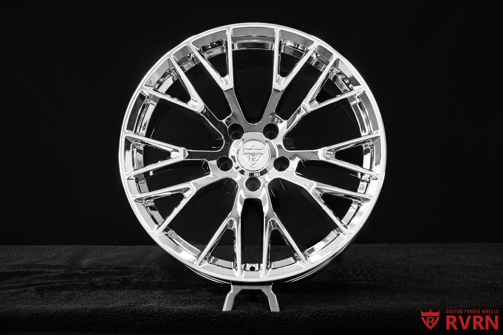 Close-up detail of Corvette C2 forged wheels RV-MC65 with an all chrome finish highlighting the precision-machined Y-spoke structure.