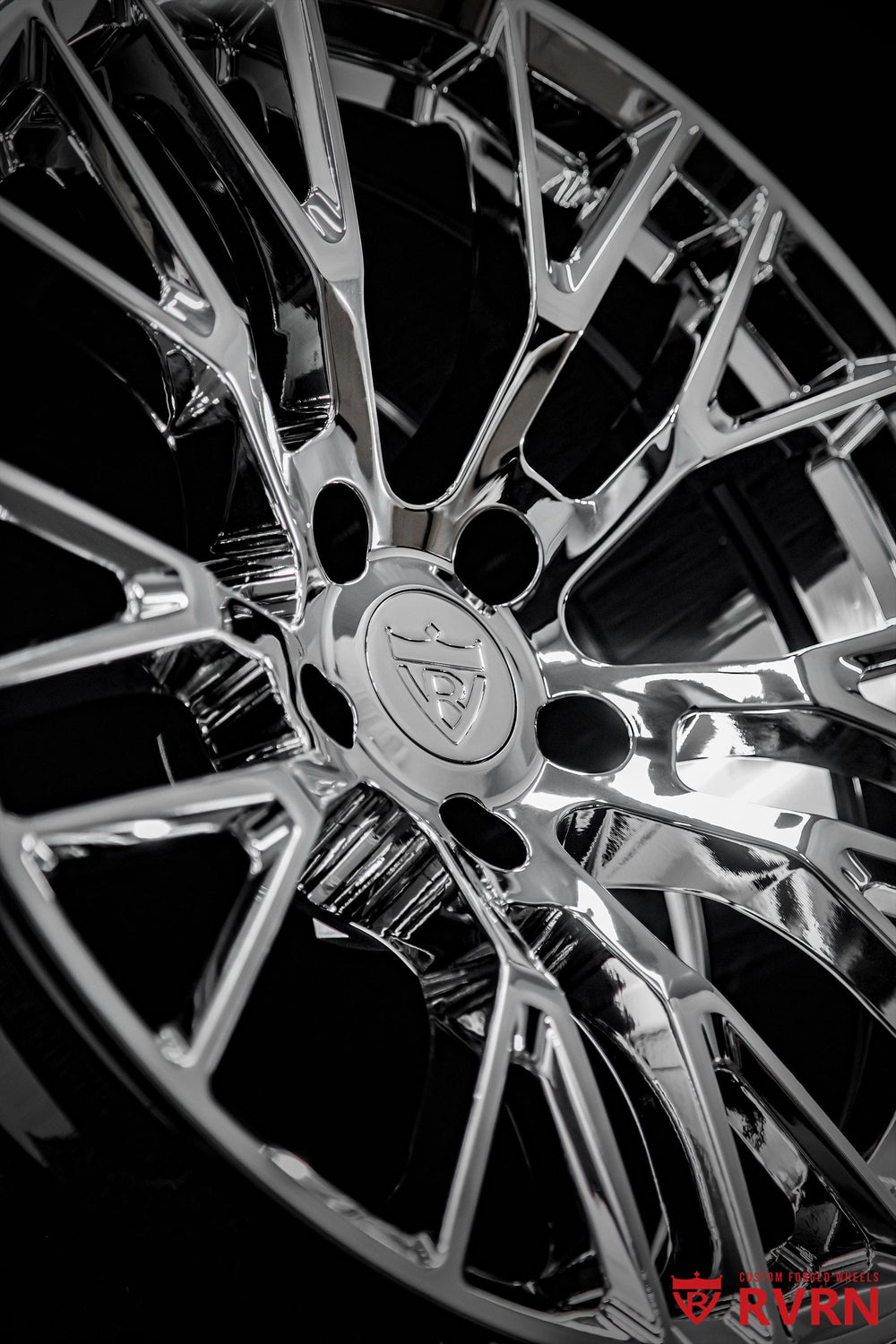Side profile of 1967 Corvette wheels featuring RVRN RV-MC65 chrome rims with custom forged construction and 19x8 front sizing.