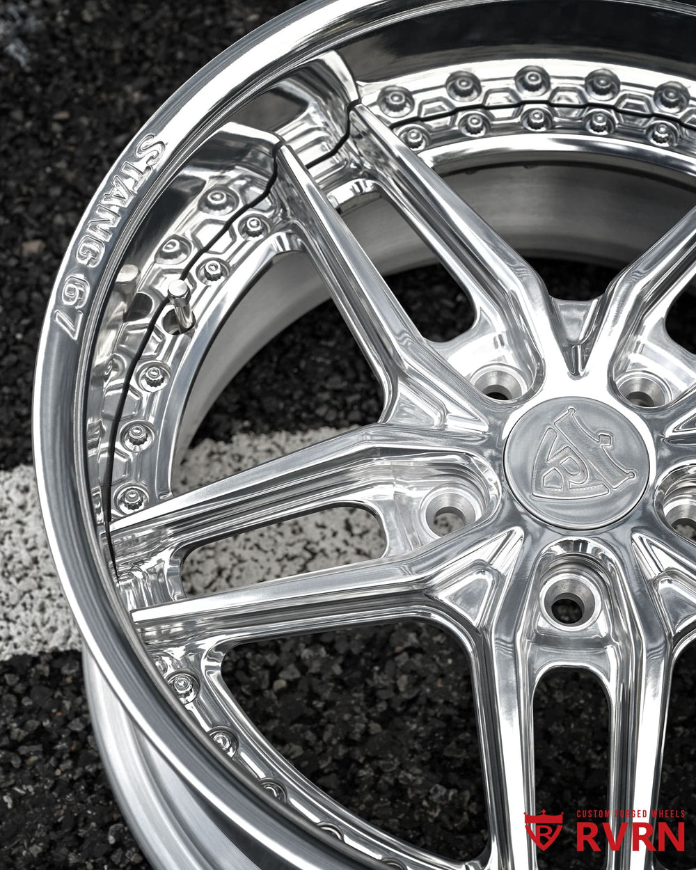 RV-DP03 5 spoke deep dish Mustang wheels in all polished aluminum, custom forged 2-piece construction for vintage Ford Mustang builds