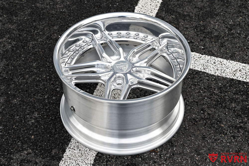 1967 Ford Mustang fitted with RVRN RV-DP03 2-piece forged wheels, all polished aluminum finish, deep dish 5 spoke design, 17x8.5 front custom fitment